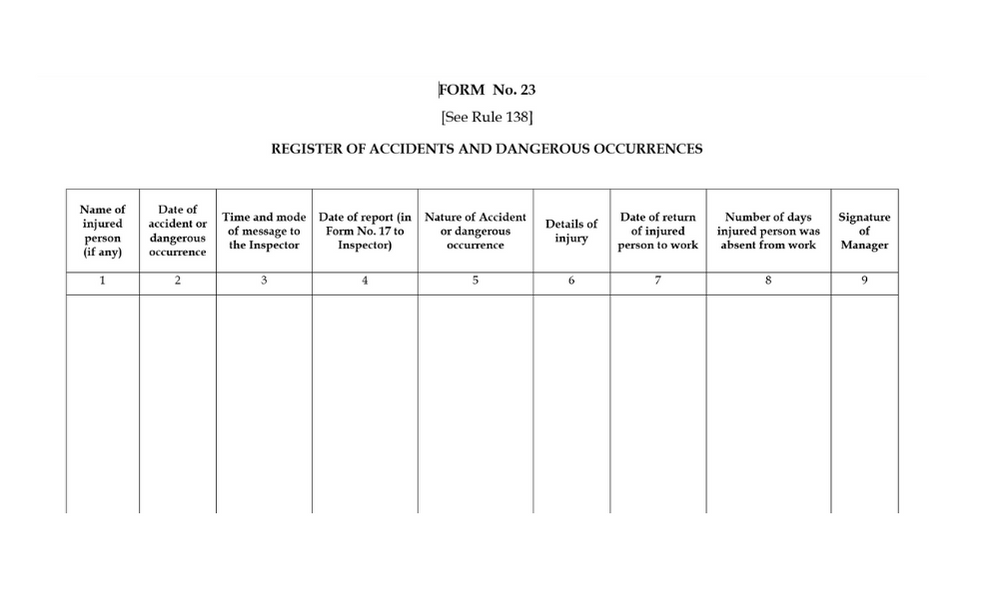 Format of Karnataka Form 23- Register of Accident or Dangerous Occurrence