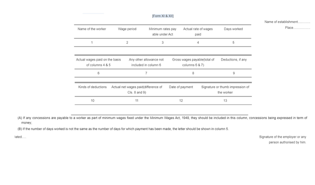 Rajasthan Minimum Wages Rules Form XI andXII