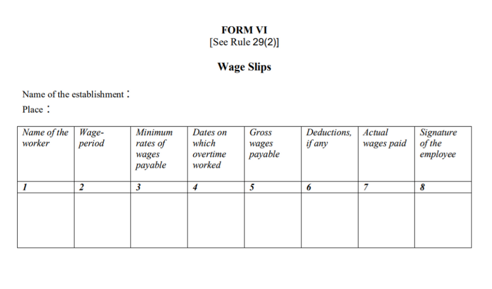 Karnataka Minimum Wages Rules Form VI