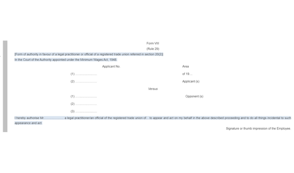 Rajasthan Minimum Wages Rules Form VIII