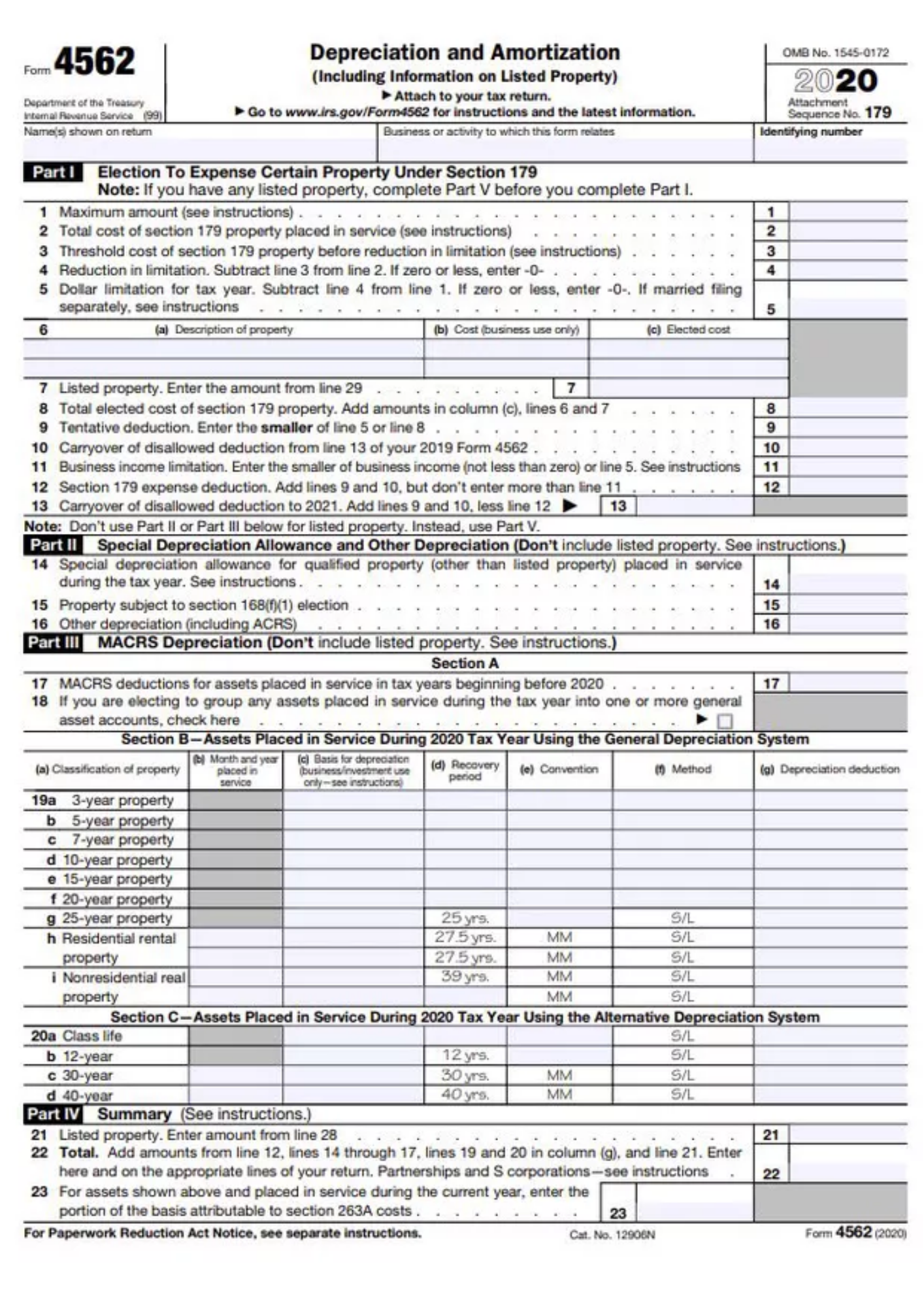 Format of Form 4562: Depreciation and Amortization