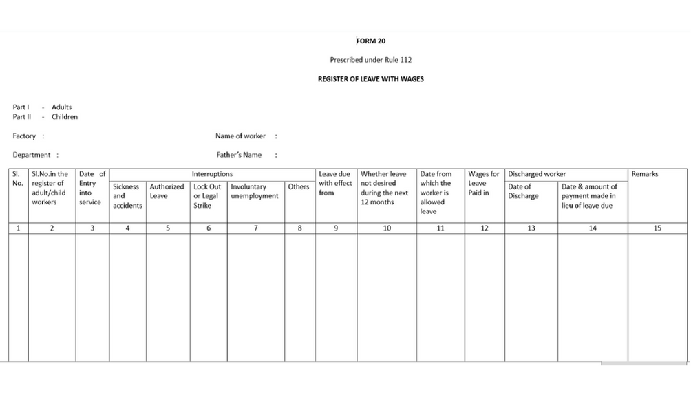 Central Register of Leave with Wages Format