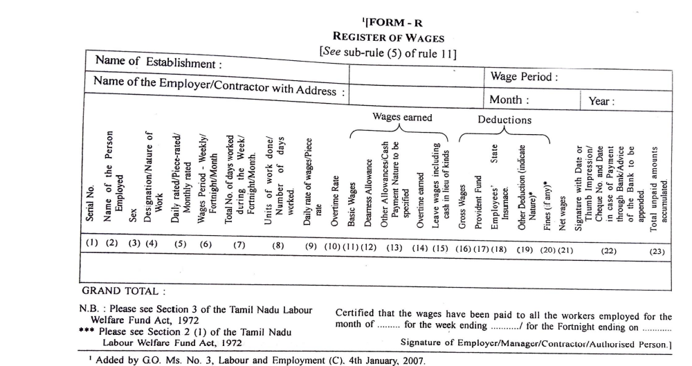 Form-R Register of Wages