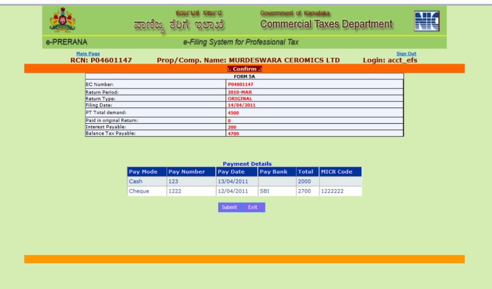 Karnataka Profession Tax Form 5 E-payment process