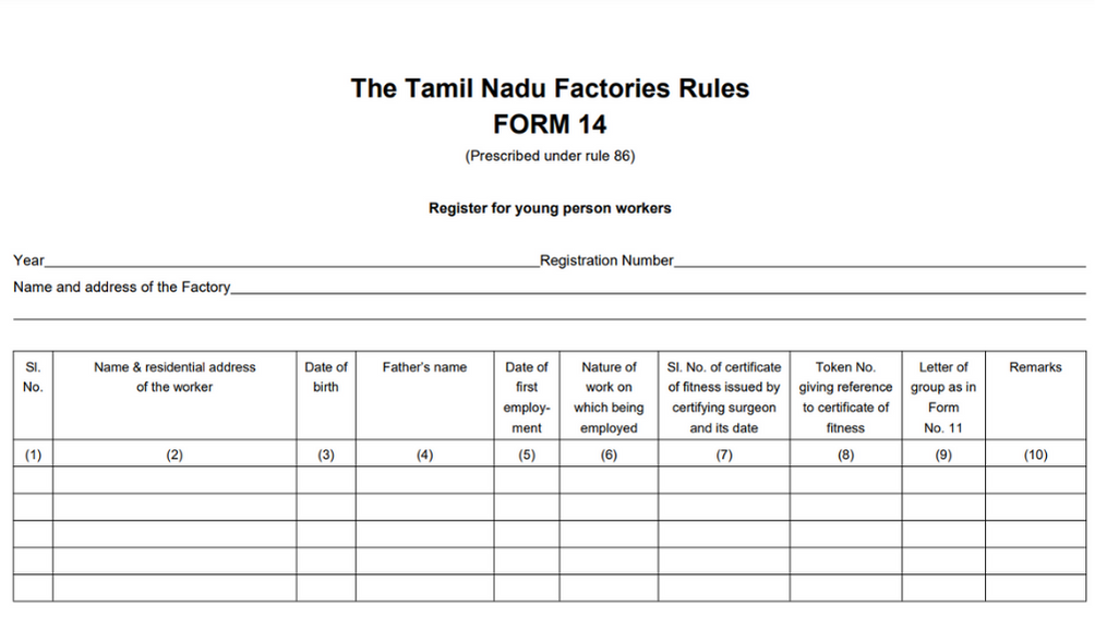 Format: Tamil Nadu Factories Rules Form 14