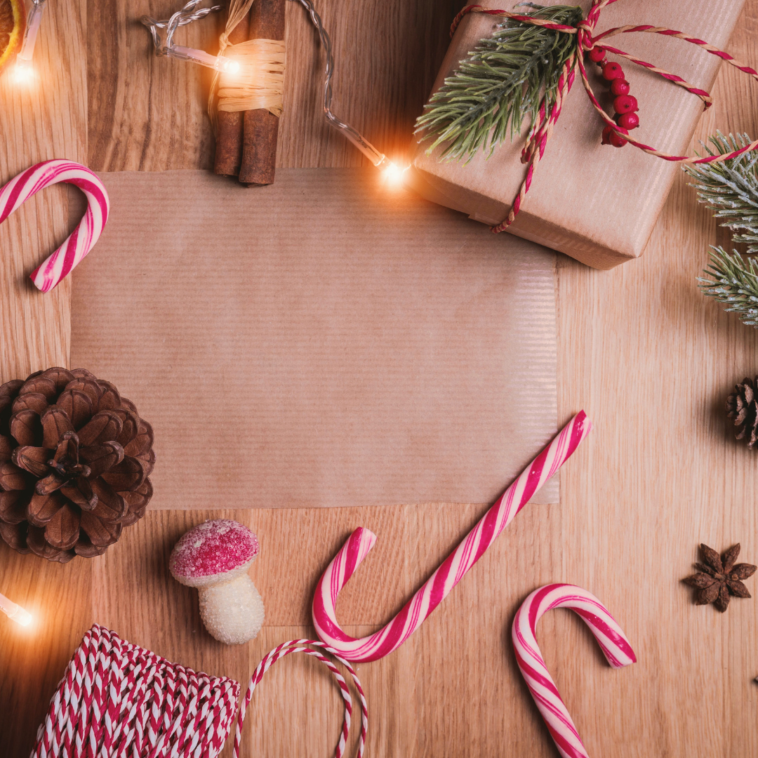Christmas-themed gift box and lights