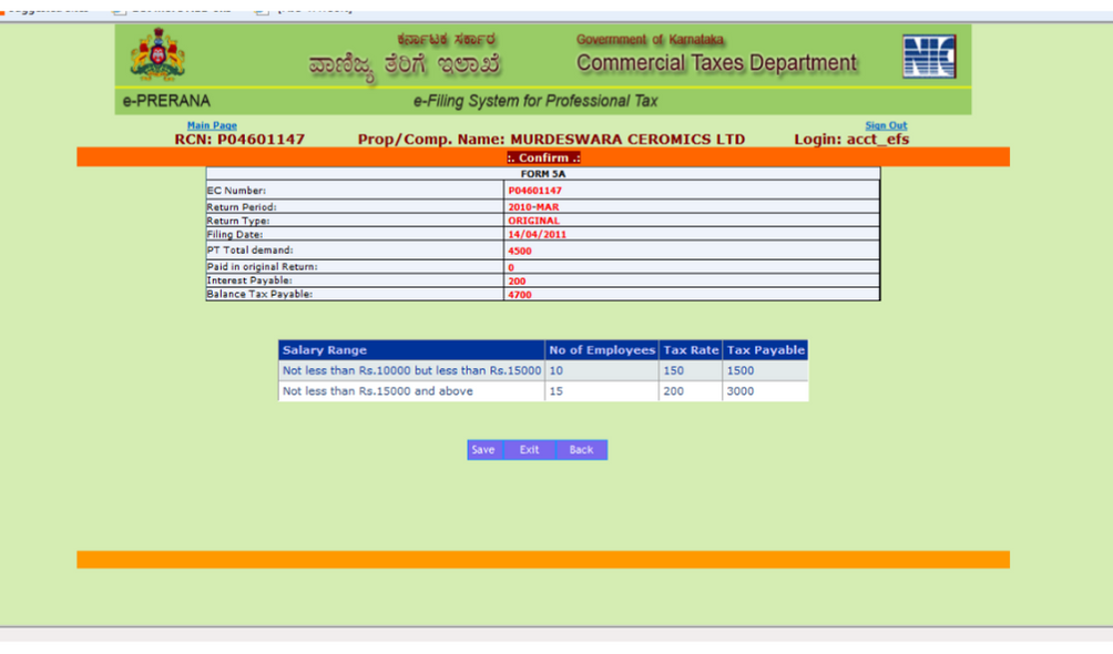 Karnataka Form 5 for Annual Profession Tax Return