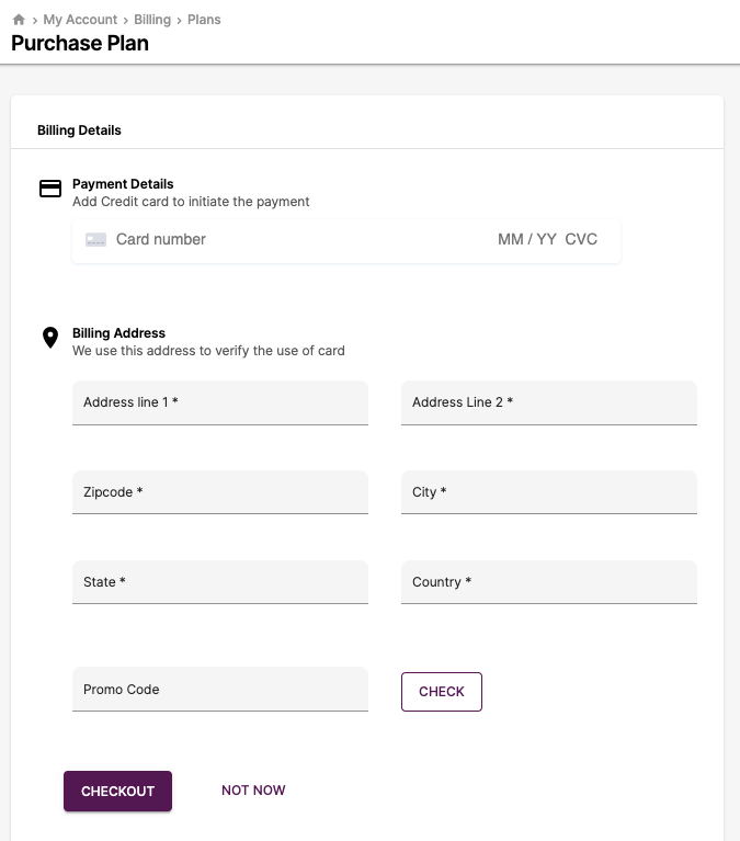 Fill in your card details to purchase the plans available