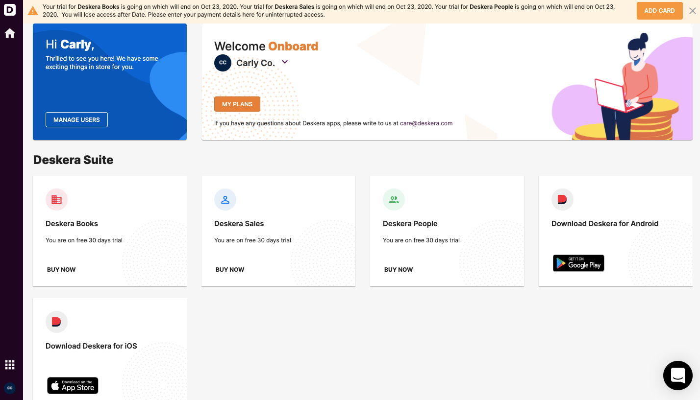 Deskera Cloud's Dashboard