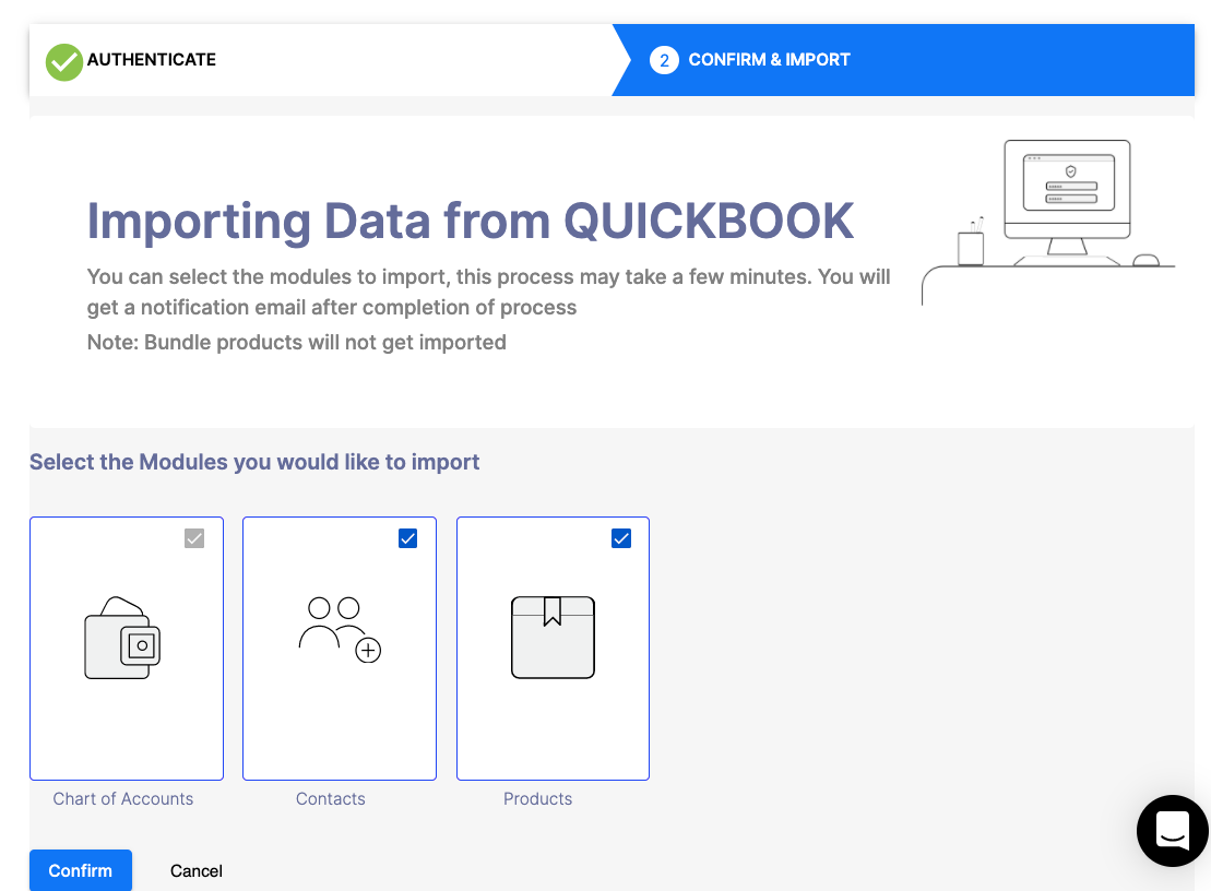 Select the Modules to import your data from Quickbooks/Xero