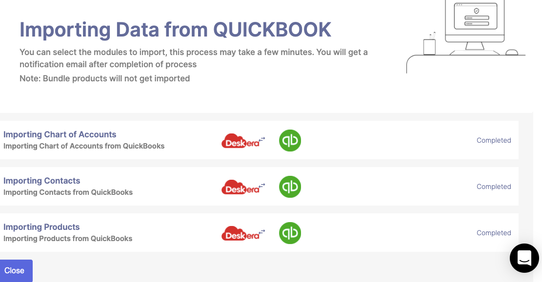 Import data from Quickbooks to Deskera shown as completed