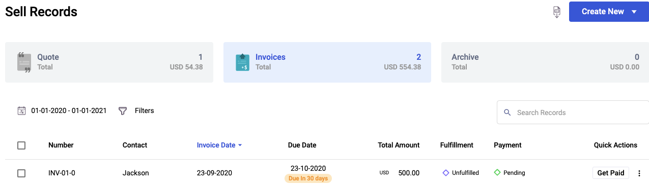 The customized invoice numbering as saved