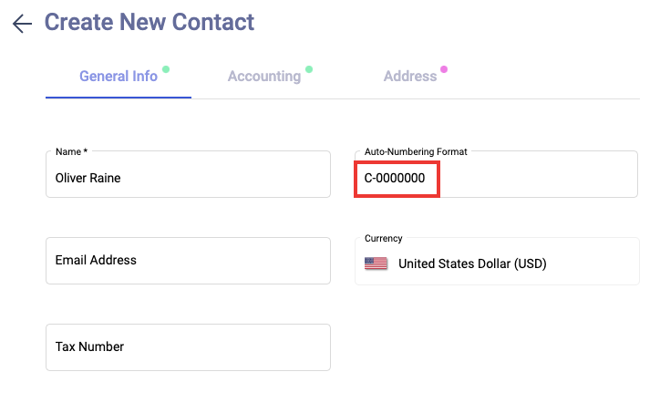 Auto-numbering format for contact creation