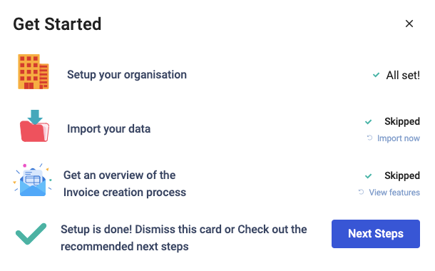 Once company's set up is done, check on the recommended onboarding steps.
