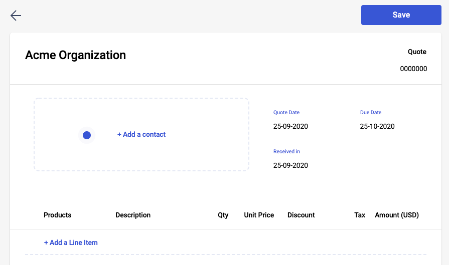 When creating a Quotation, you will need to select the Contact this quotation is for, the Products and Quantity provided, and the validity period of the quotation