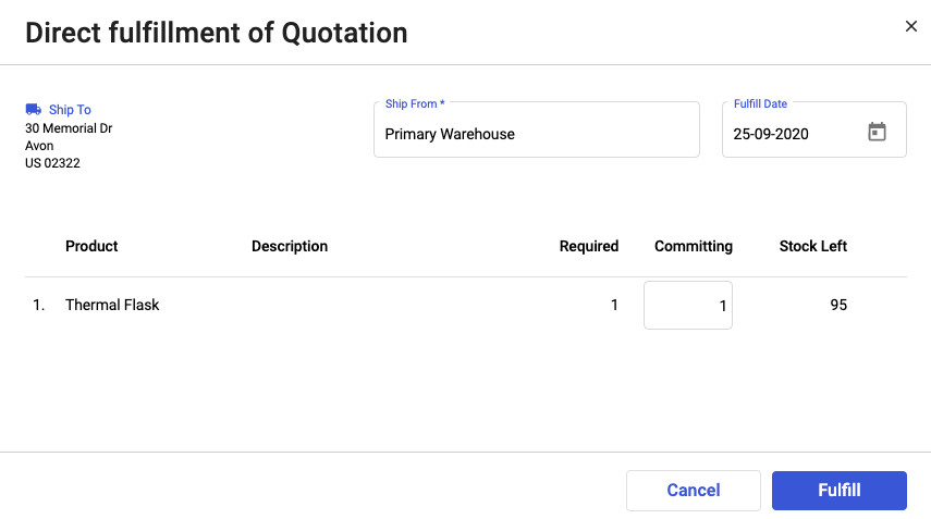 Indicate the warehouses, the fulfillment date, and quantity to commit.