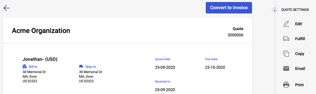 The contextual menu can be accessed on the right-hand side of the Quote document.