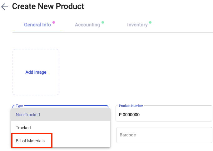 Select Bill of Materials as the product type