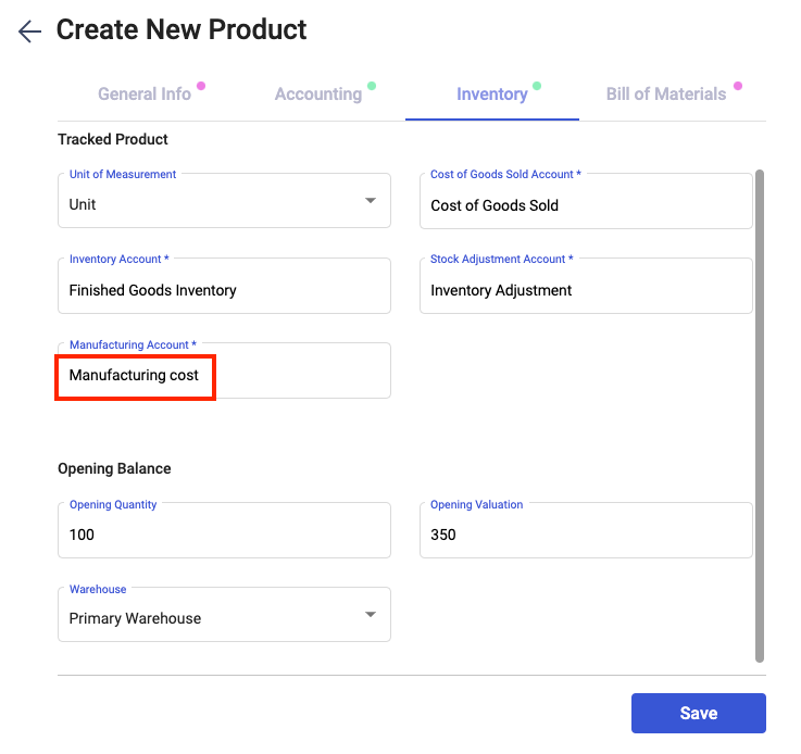 Fill in the inventory section during product creation