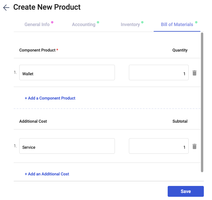 Fill in the bill of materials section during product creation