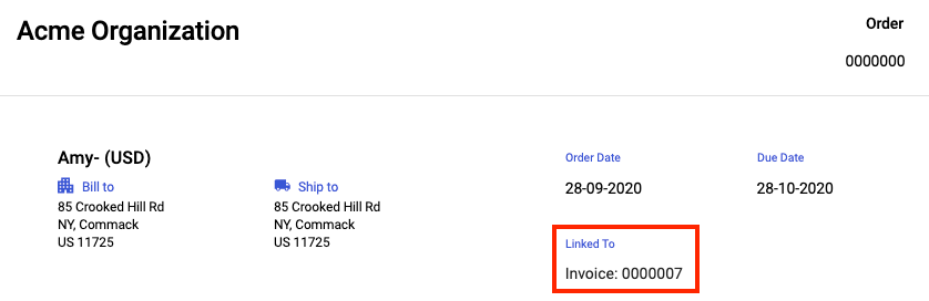 The invoice number shown during purchase order creation using dropshipping method