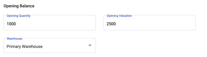 Indicate the opening balance and valuation for the product