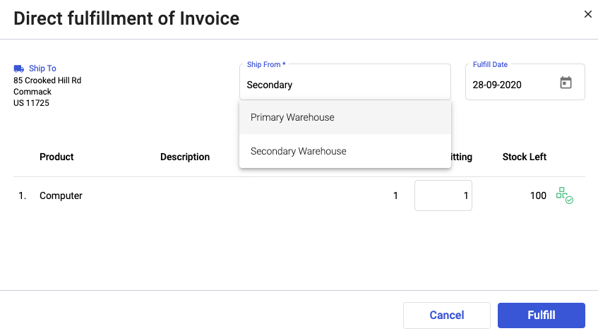 Select the ship from warehouse during invoice fulfillment