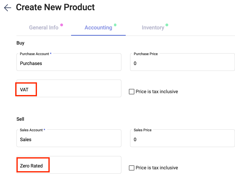 Sales/Purchase Tax while creating product under Buy and sell details tab