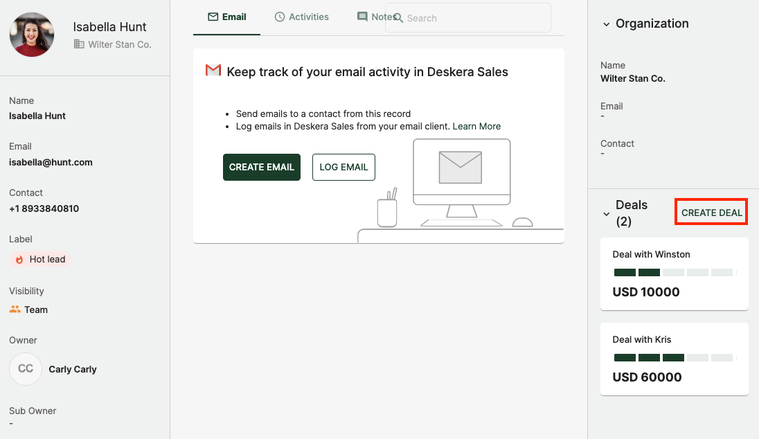 Create a deal directly in the contact page