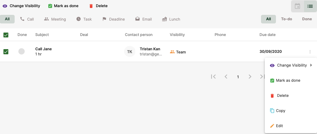 Click on the contextual menu edit the activity's information