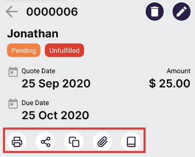 Select from the icons as shown to print or share your quote document