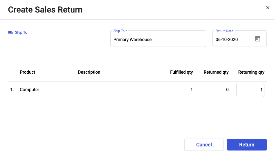 Indicate the returned quantity