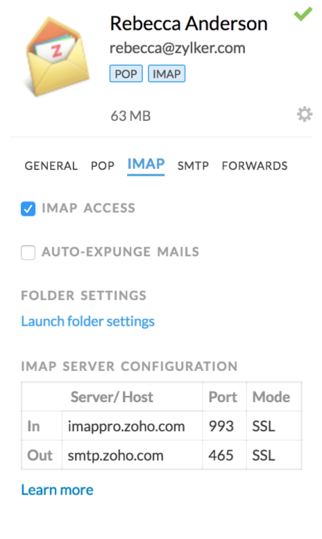 Zoho IMAP Access box