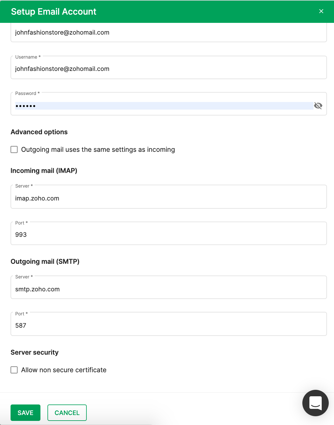 Zoho IMAP Settings