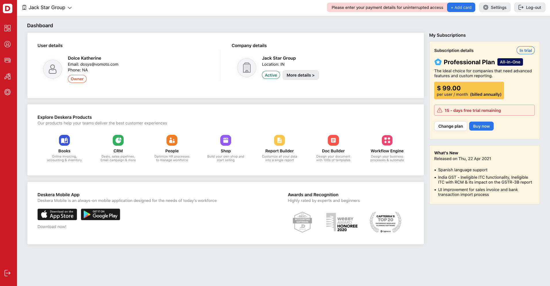 Deskera Cloud's Dashboard