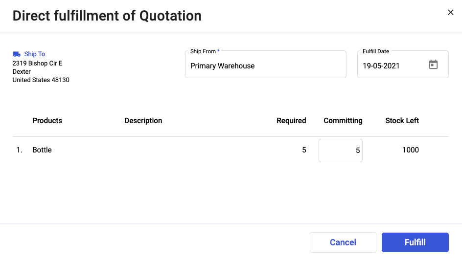 Indicate the warehouses, the fulfillment date, and quantity to commit.