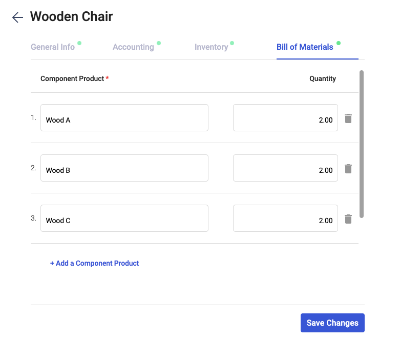 Fill in the bill of materials section during product creation