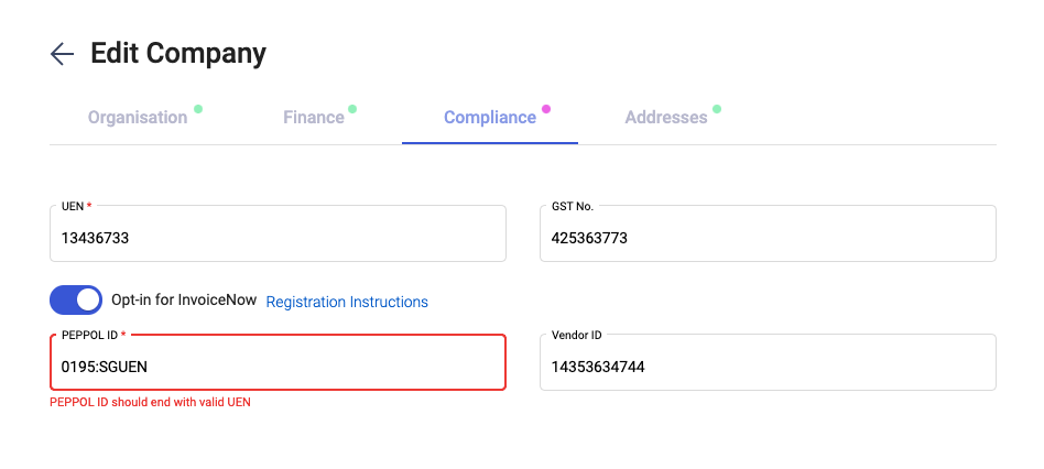 Indicate your PEPPOL ID in the company page