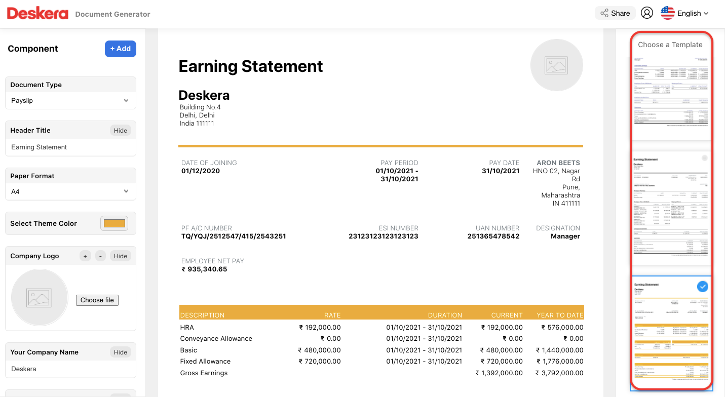 to design payslip using Deskera People